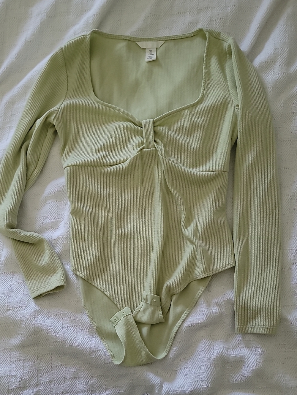 H&M Light Sage Ribbed Knot-Front Long Sleeve Bodysuit